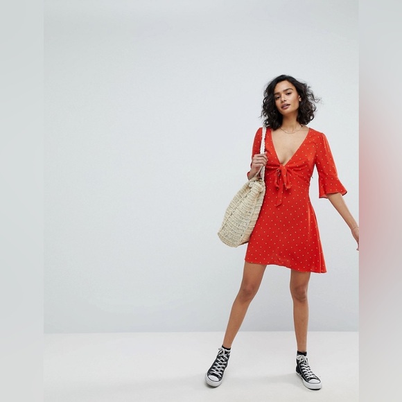 Free People All Yours Polka Dot V Neck Mini Dress in Red with Bow Detail - Picture 5 of 15